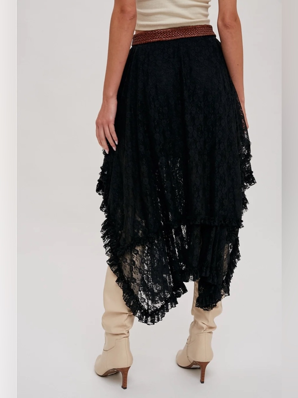 Irregular Hem Multi Layer Black Lace MIDI Skirt M
